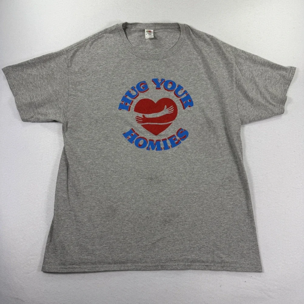 Hug Your Homies Graphic T-Shirt Gray Large Mens Cotton Tee